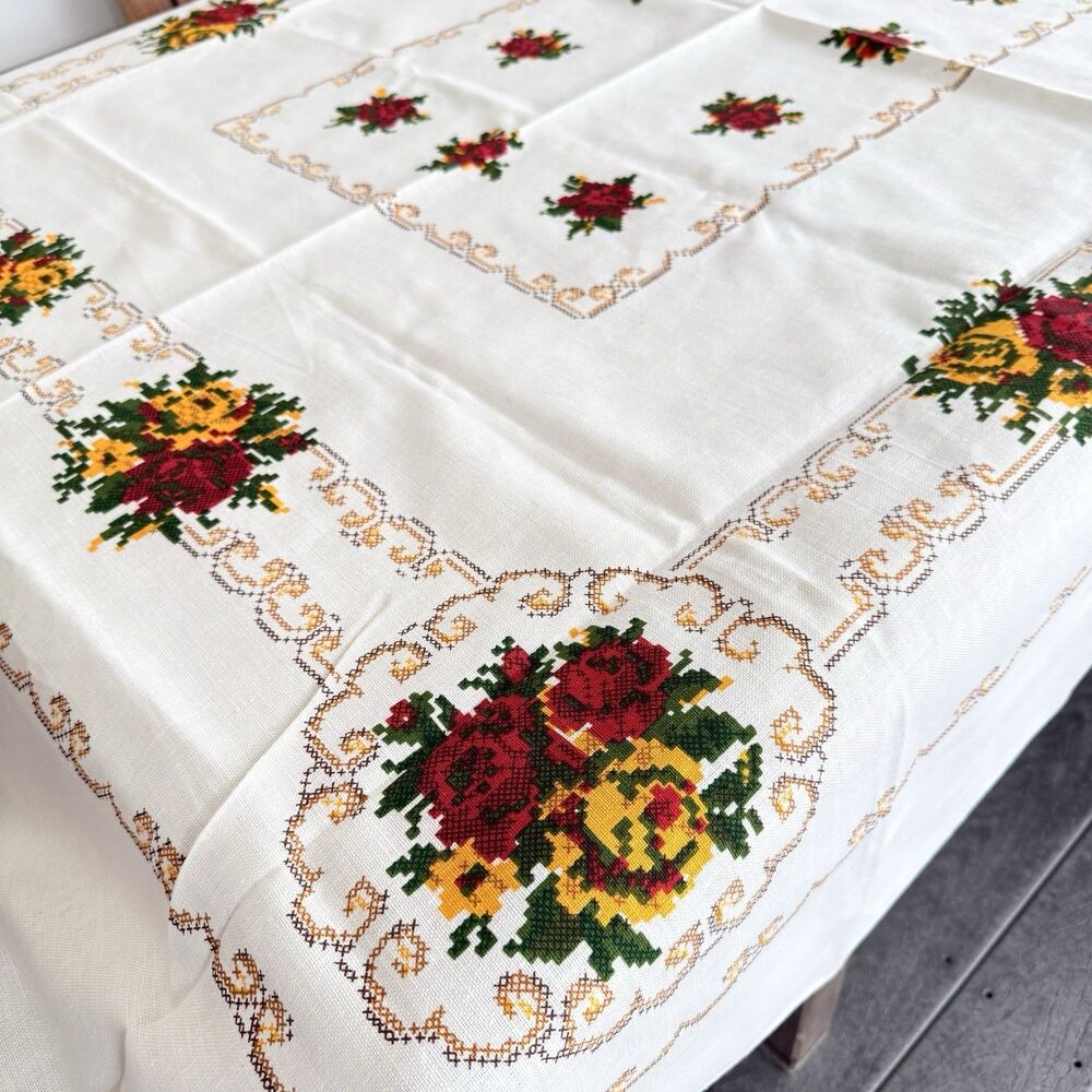 Vtg MCM Polish Linen Tablecloth Garden Collection Floral Petit Point 60x79 NOS - Picture 4 of 8